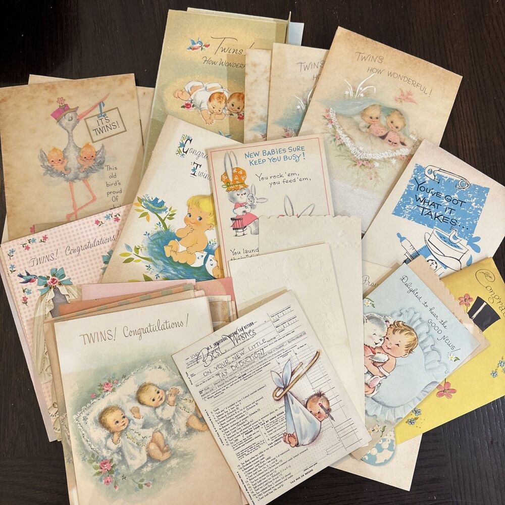 Vintage Lot of 47 Cards TWINS Birth & Christening Baby 1965 USED Greeting Crafts